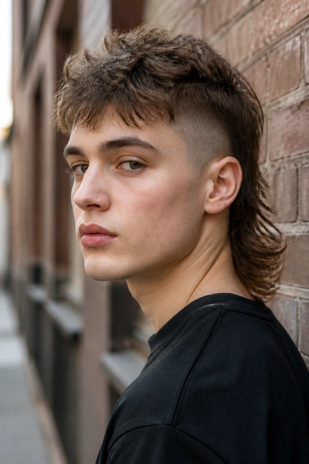 Real person with modern mullet and buzzed base in an urban setting