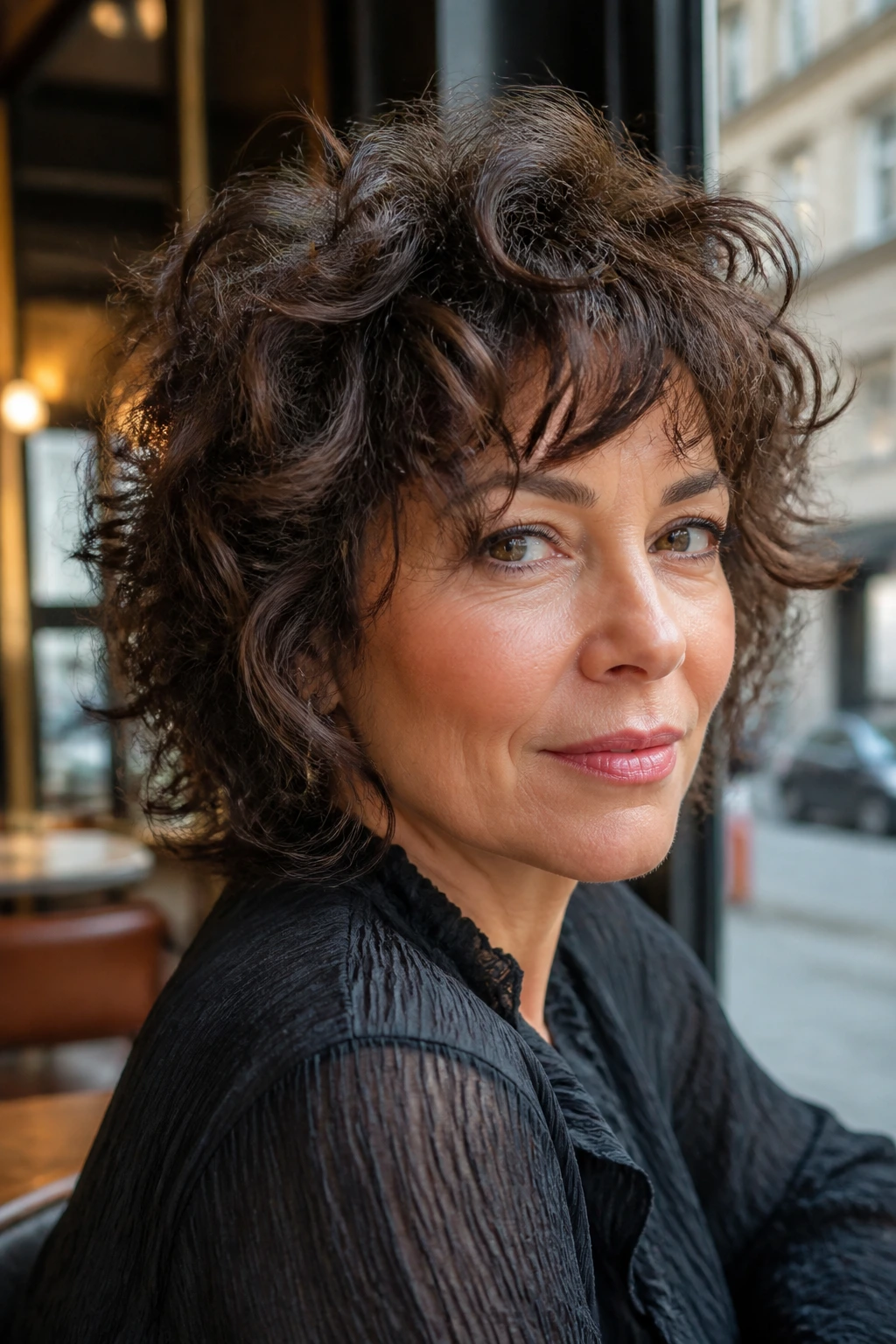 Portrait of woman with modern mullet-inspired curly bob in warm cafe light