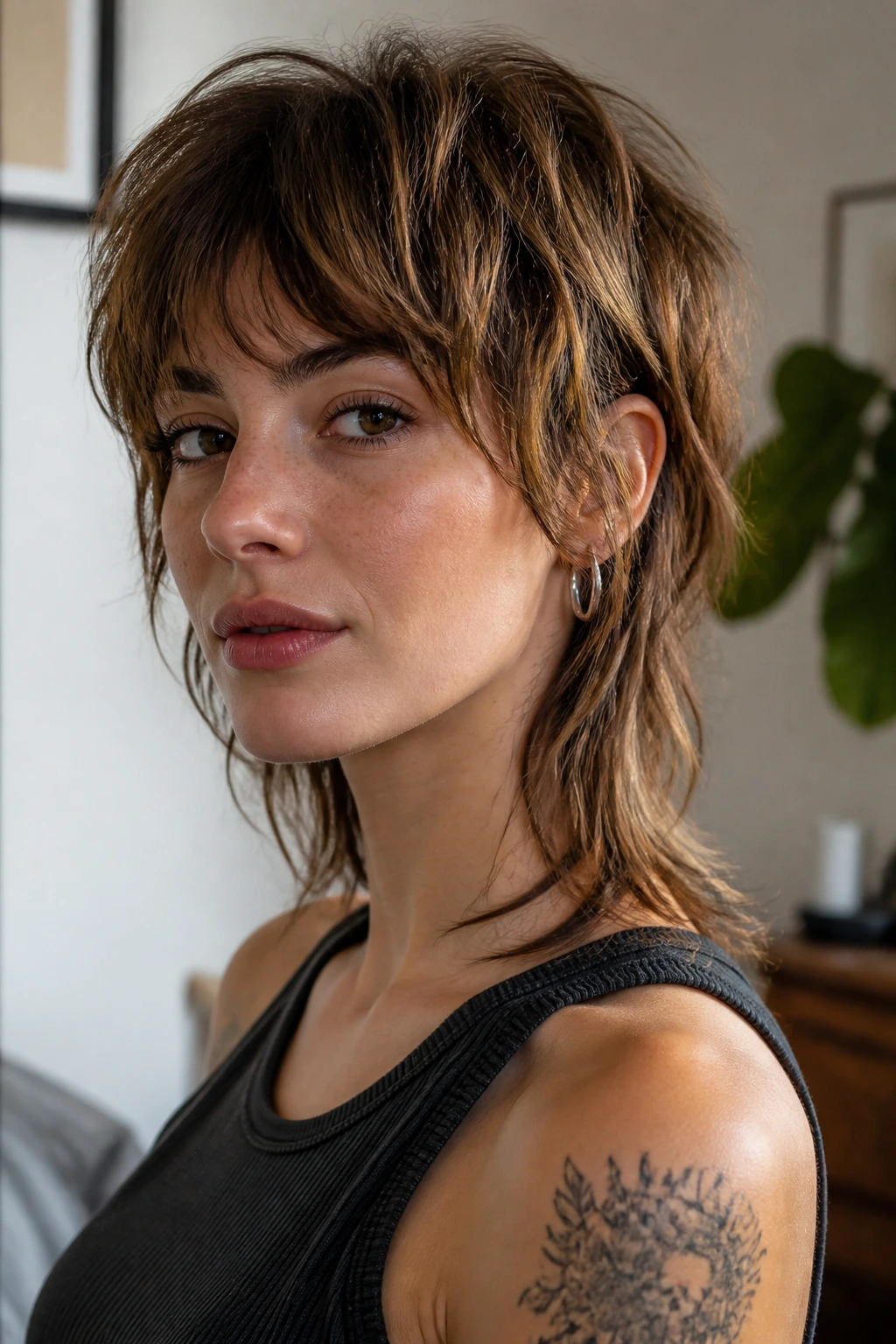 Close-up portrait of a woman showing soft-edged modern mullet with textured ends.