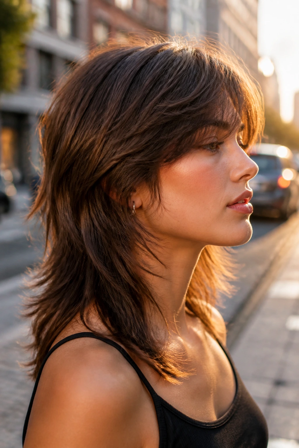 Close-up of a real woman with a modern mullet-lite feather cut on an urban street at sunset