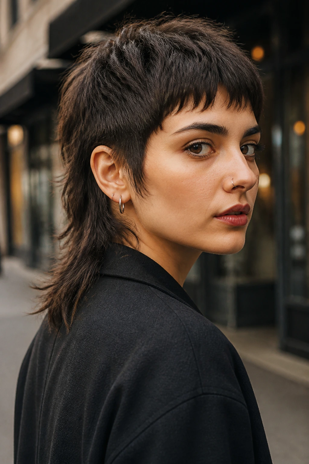 Portrait of a person with a modern mullet, short top and longer back, on an urban street.