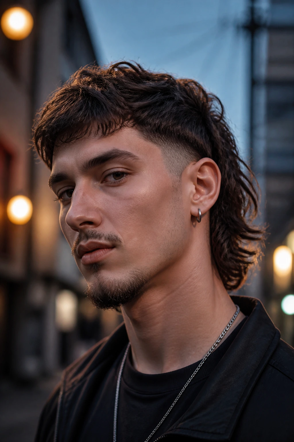 Close-up of a man with modern mullet hairstyle in urban dusk light