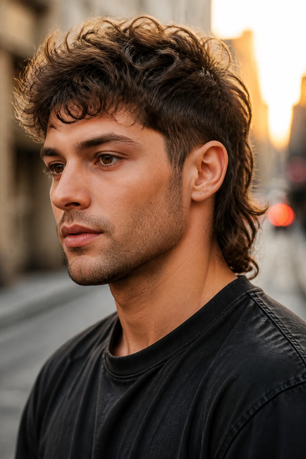 Portrait of a man with modern mullet, textured top and longer back.