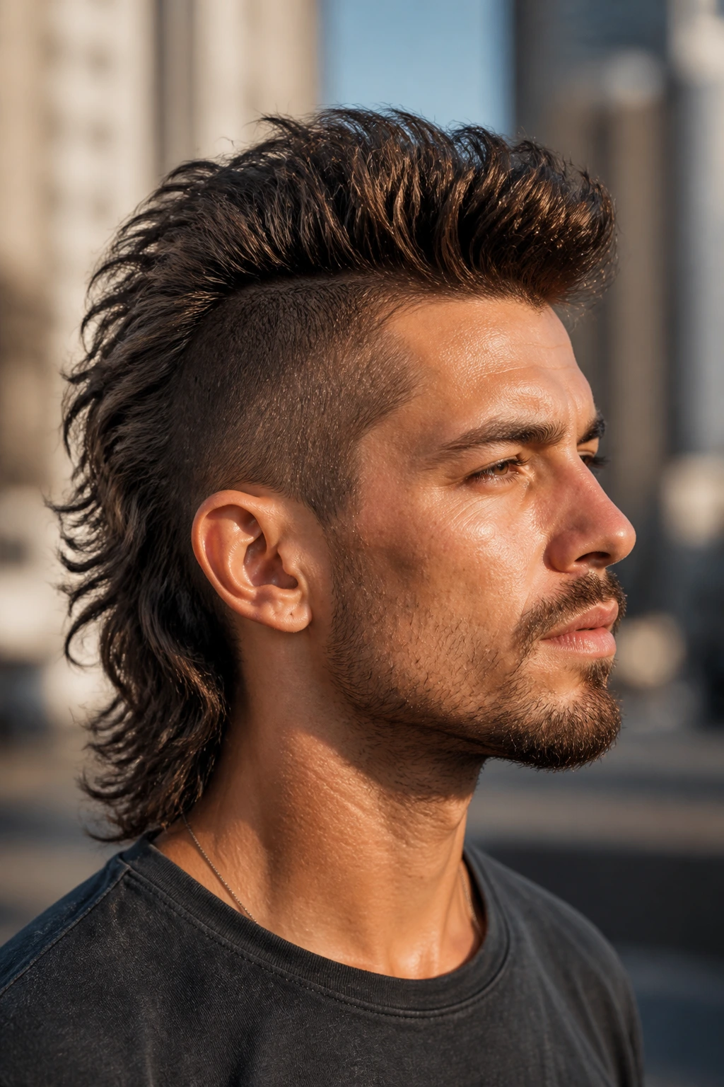 Close-up portrait of a man with a modern mullet mohawk on an urban street at golden hour