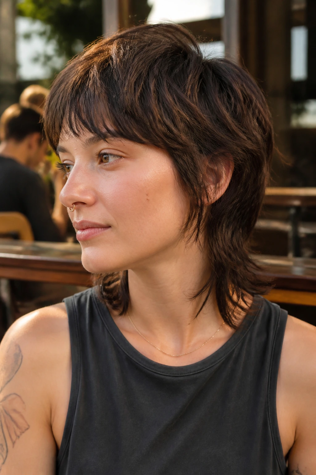 Close-up portrait of a real woman with a modern mullet hairstyle
