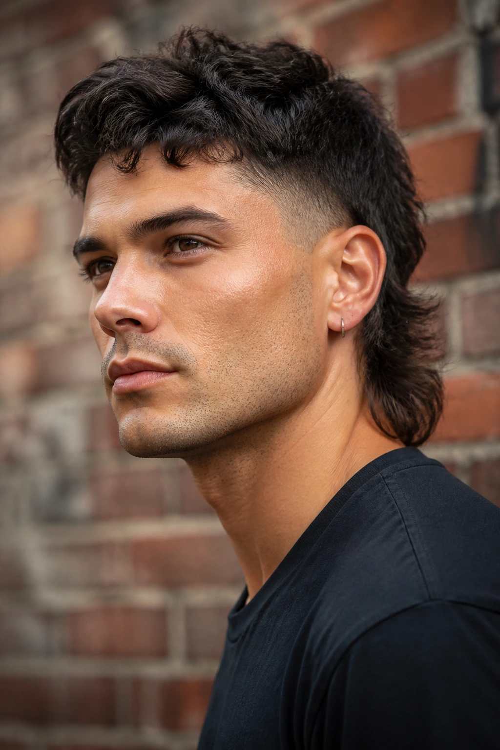 Close-up portrait of a real man with a modern mullet, front and sides short, back long, urban backdrop.