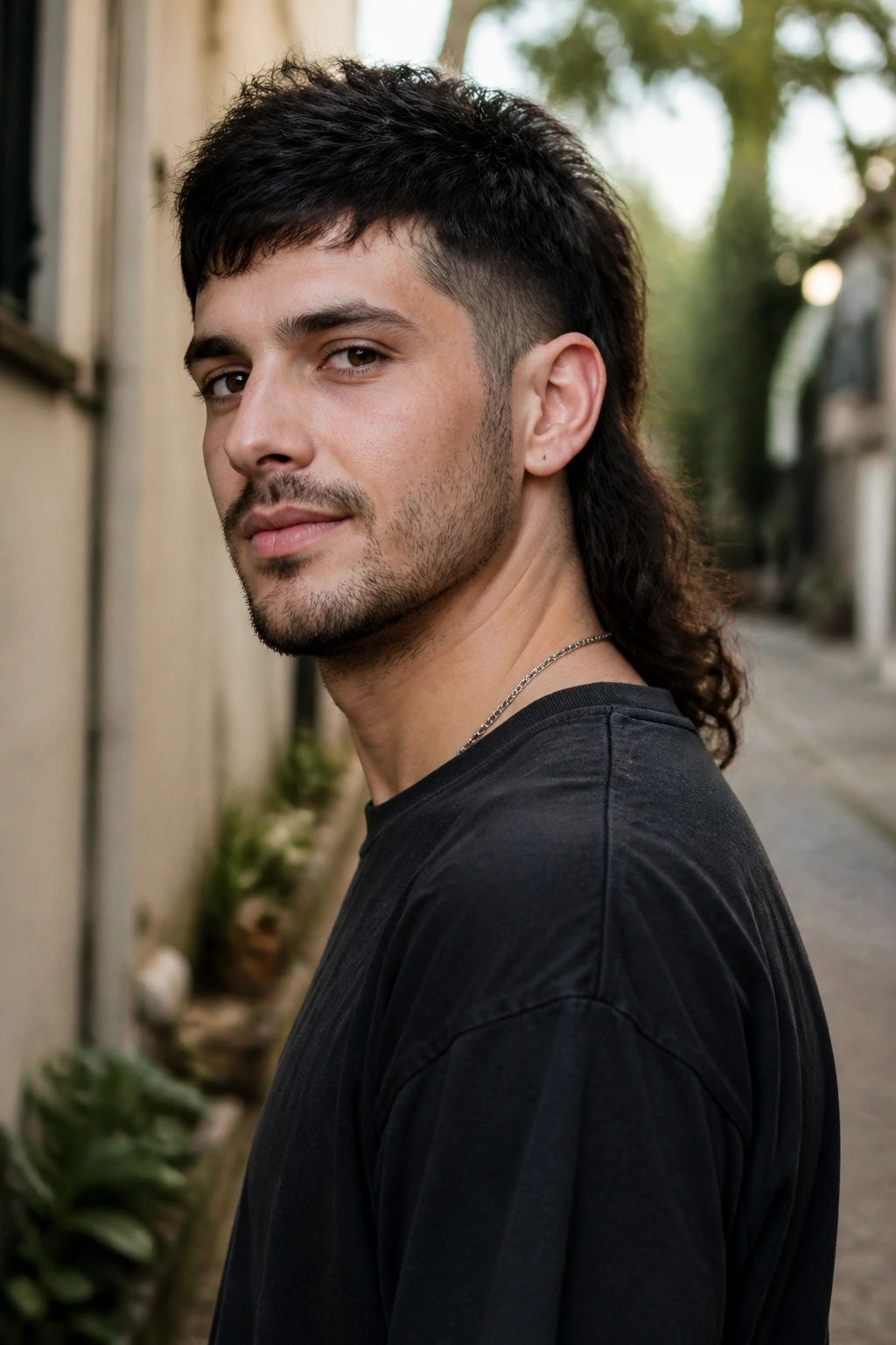 Portrait of a man with a modern mullet, shorter sides and longer back, outdoors