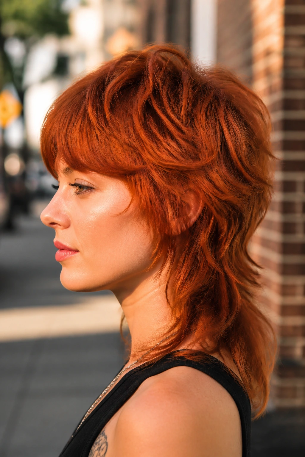 Close-up portrait of a real woman with modern mullet shag in copper-red tones
