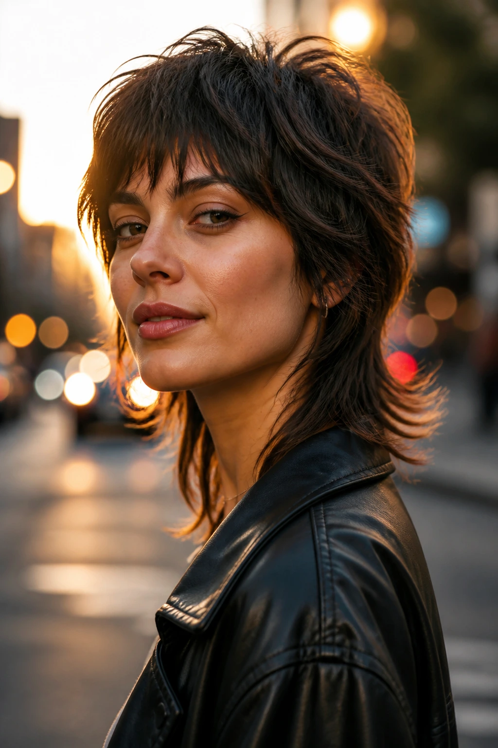 Real woman wearing modern mullet with tapered nape in city sunset light