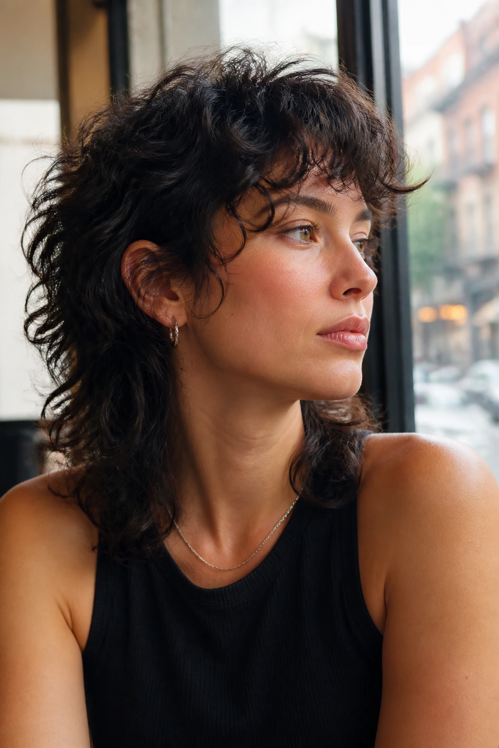 Close-up portrait of a real person with a modern mullet shag in cafe lighting