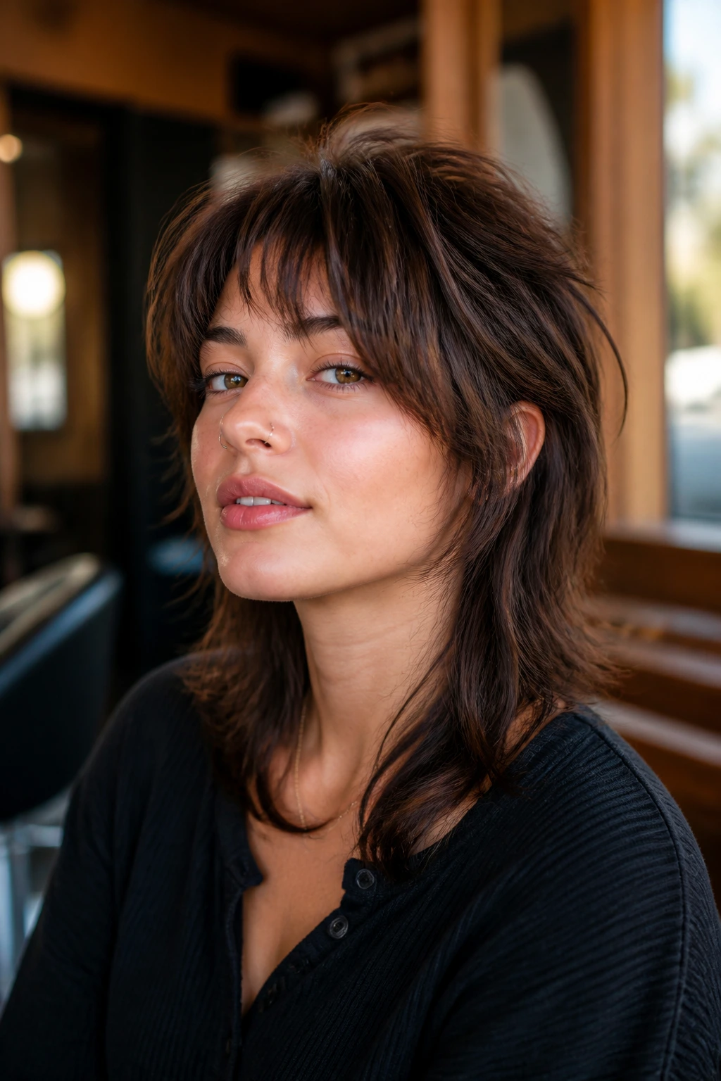 Portrait of a real person with Modern Mullet Shag for Straight Hair in a salon