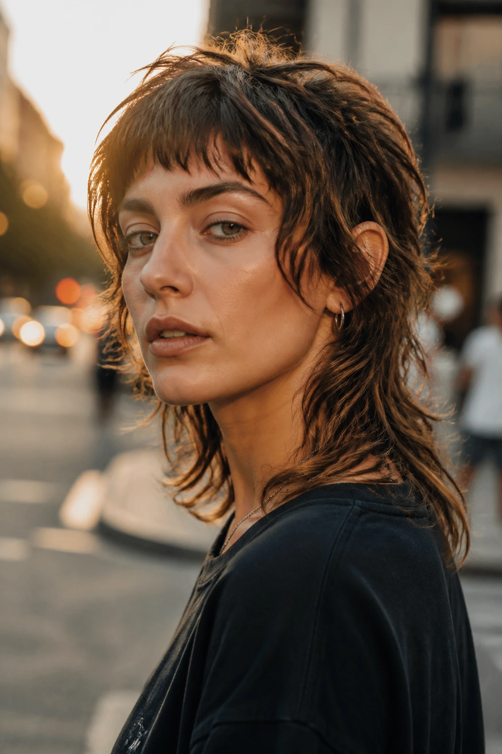 Portrait of a real person with a modern mullet shag featuring a short crown, longer back, and face-framing layers