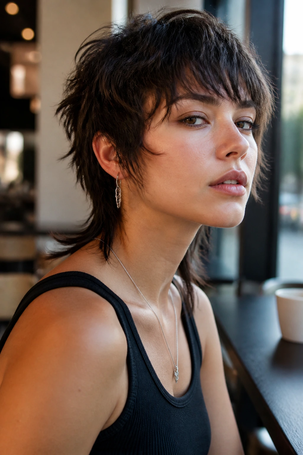Three-quarter portrait of a person with modern mullet and tapered neck in cafe light