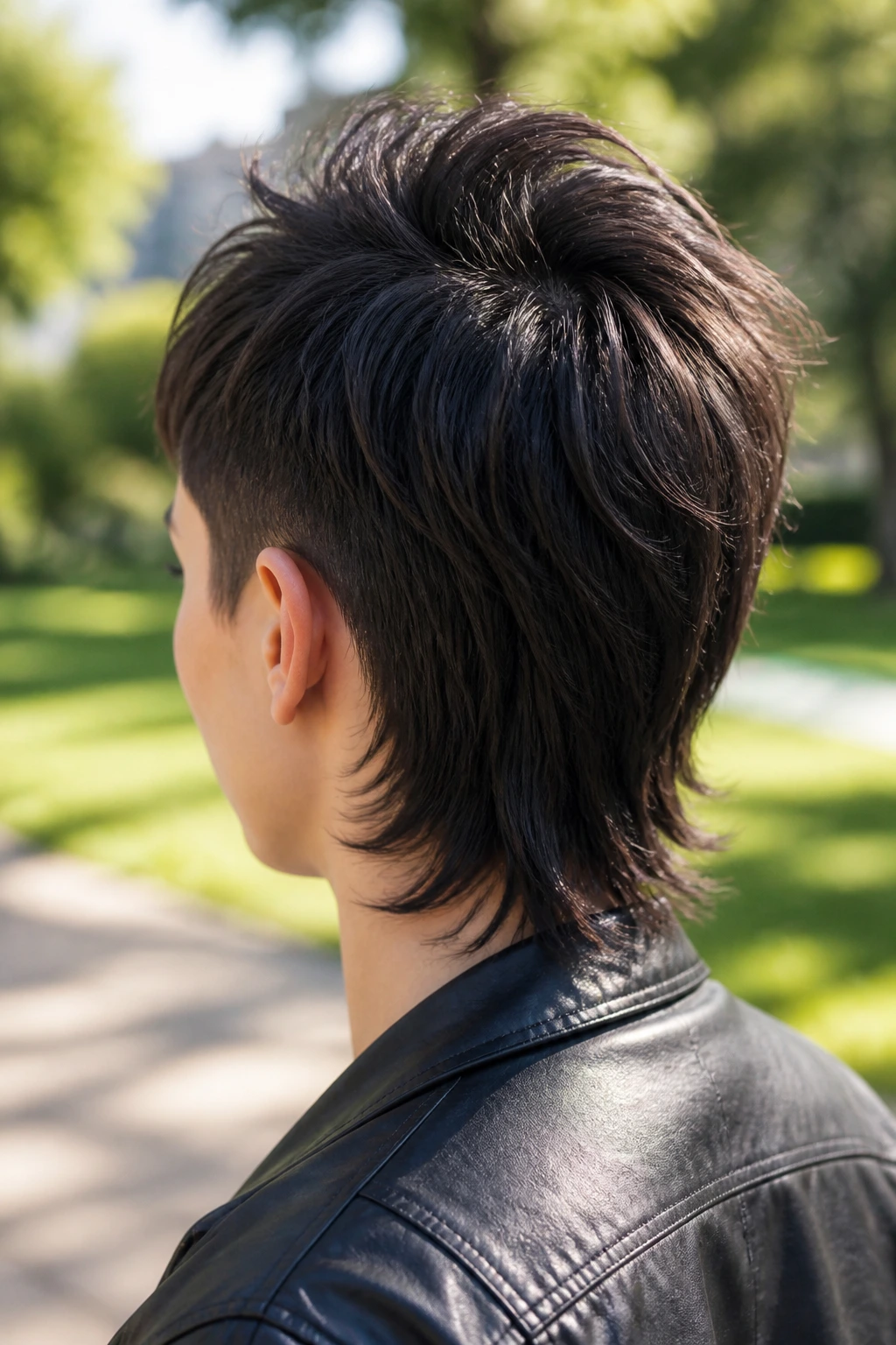 Back-of-head view of a real person with a modern mullet in a sunny outdoor park