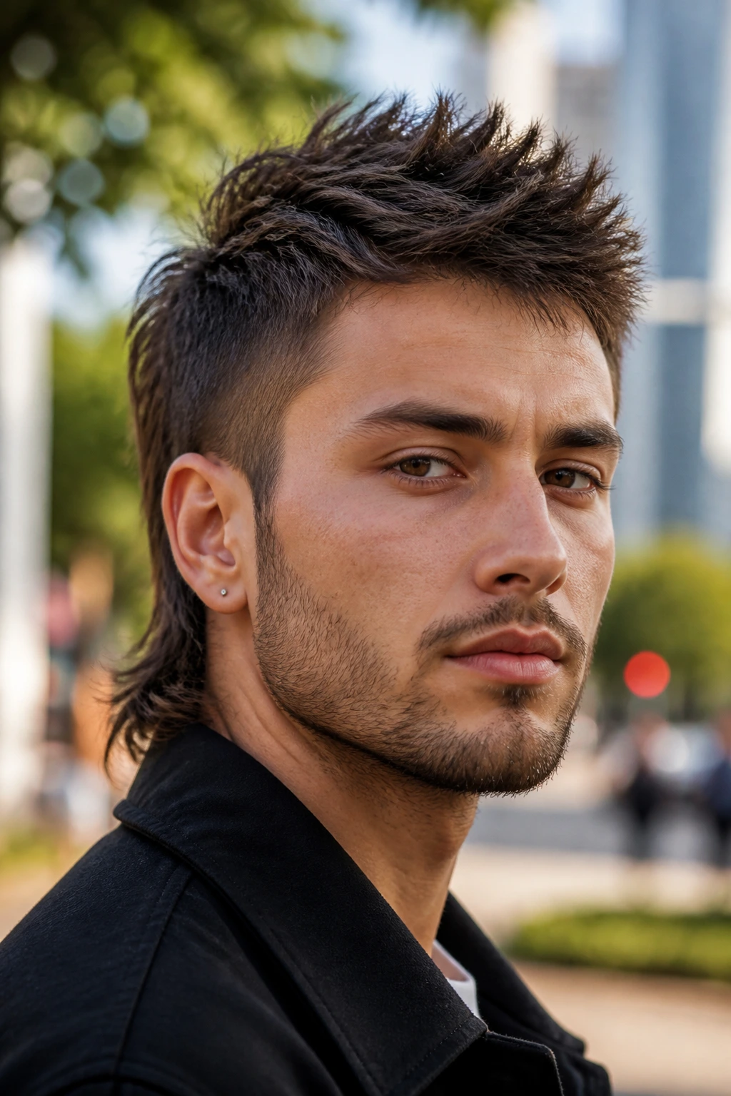Close-up of a real man with modern mullet spikes in an urban park