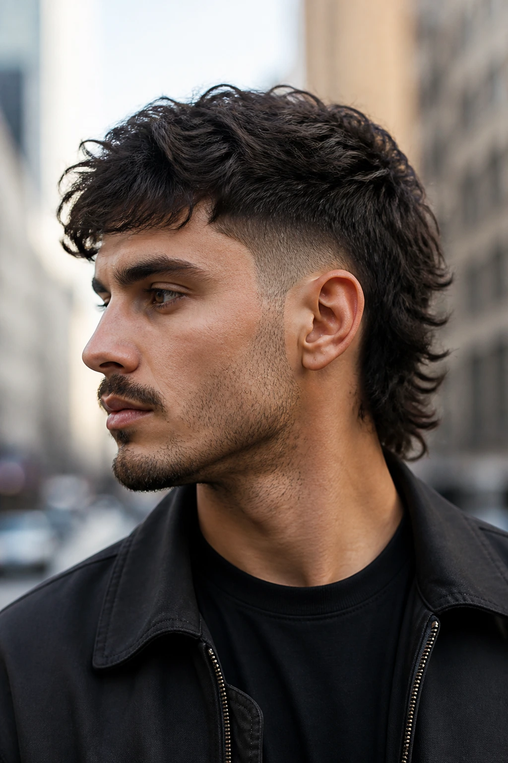 Close-up of real man with modern mullet and tapered temples showing texture and flow