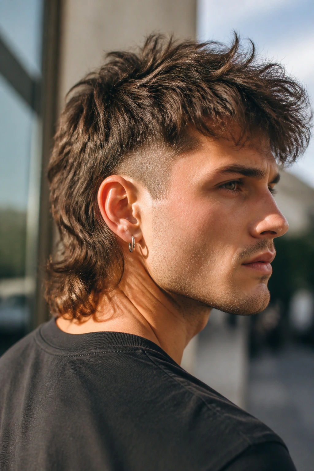 Close-up profile of real person with modern mullet showing crown movement and textured sides