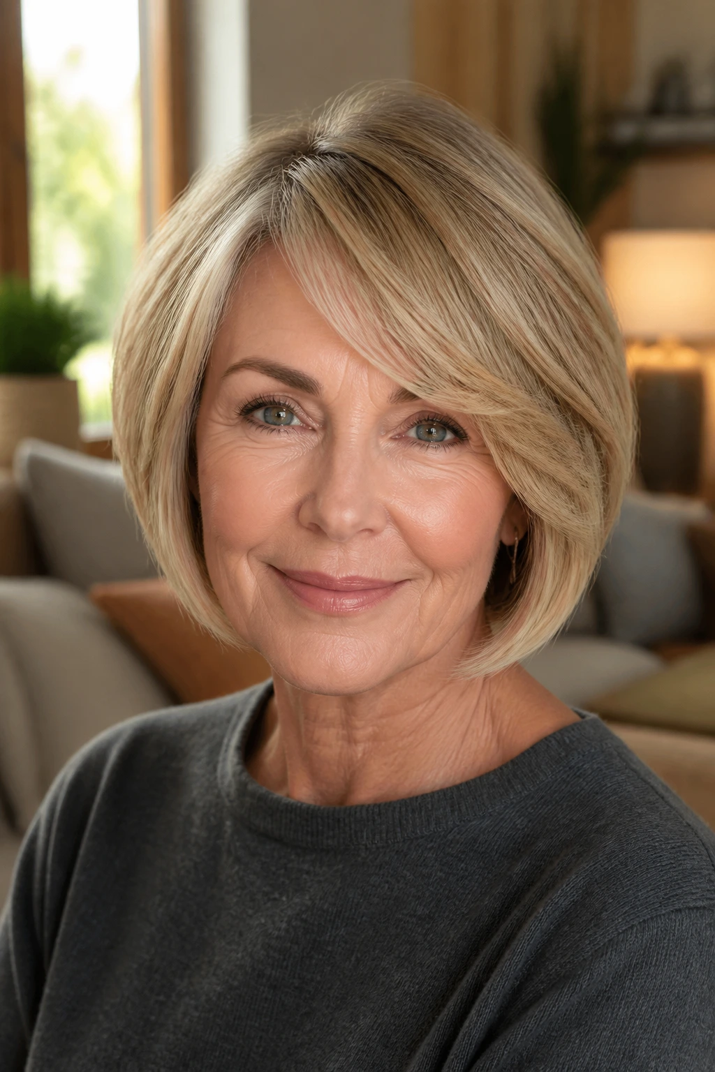 Close-up of a real woman with a modern pageboy featuring a bend and off-center part