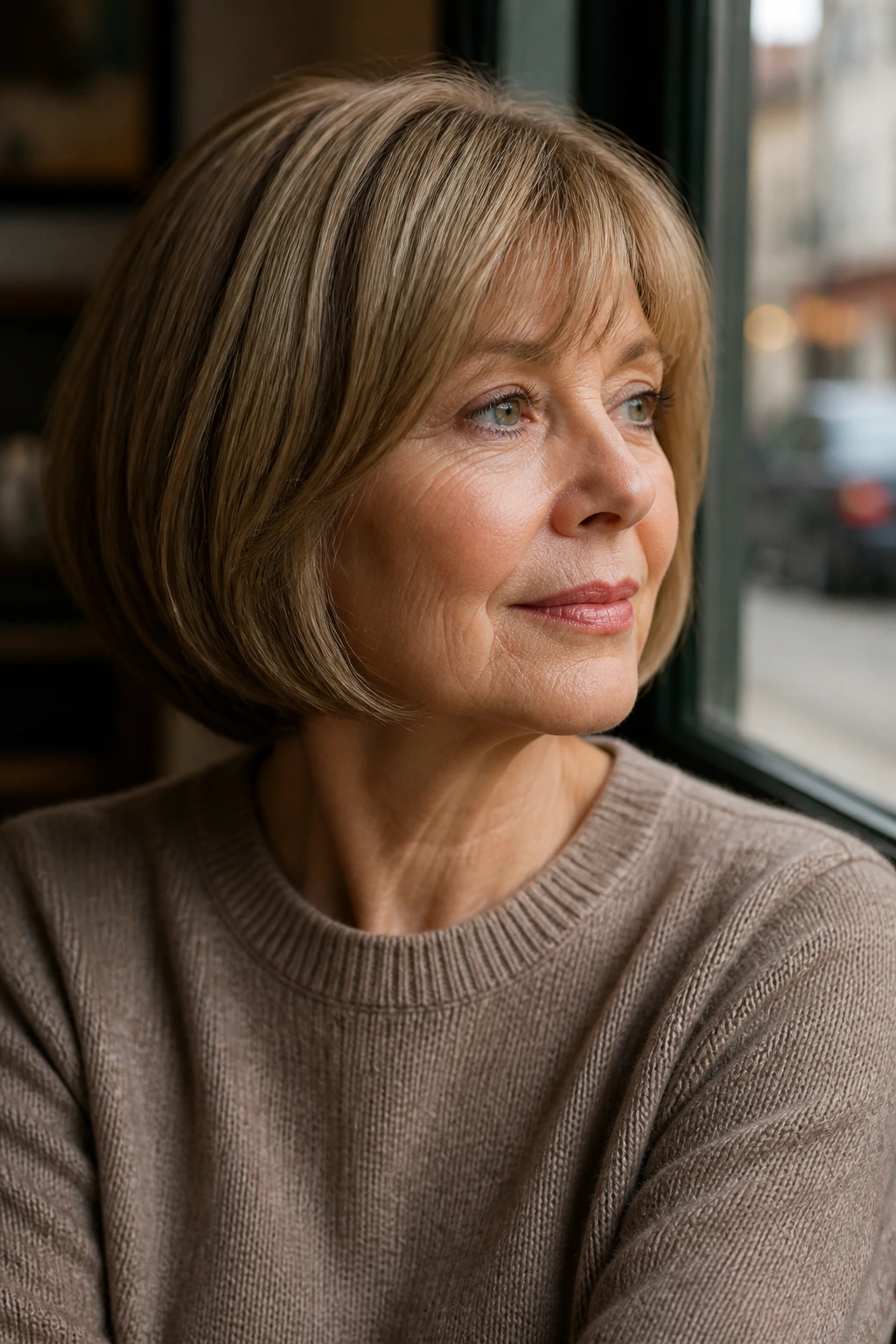 Close-up of a real woman with modern pageboy and soft underline hairstyle