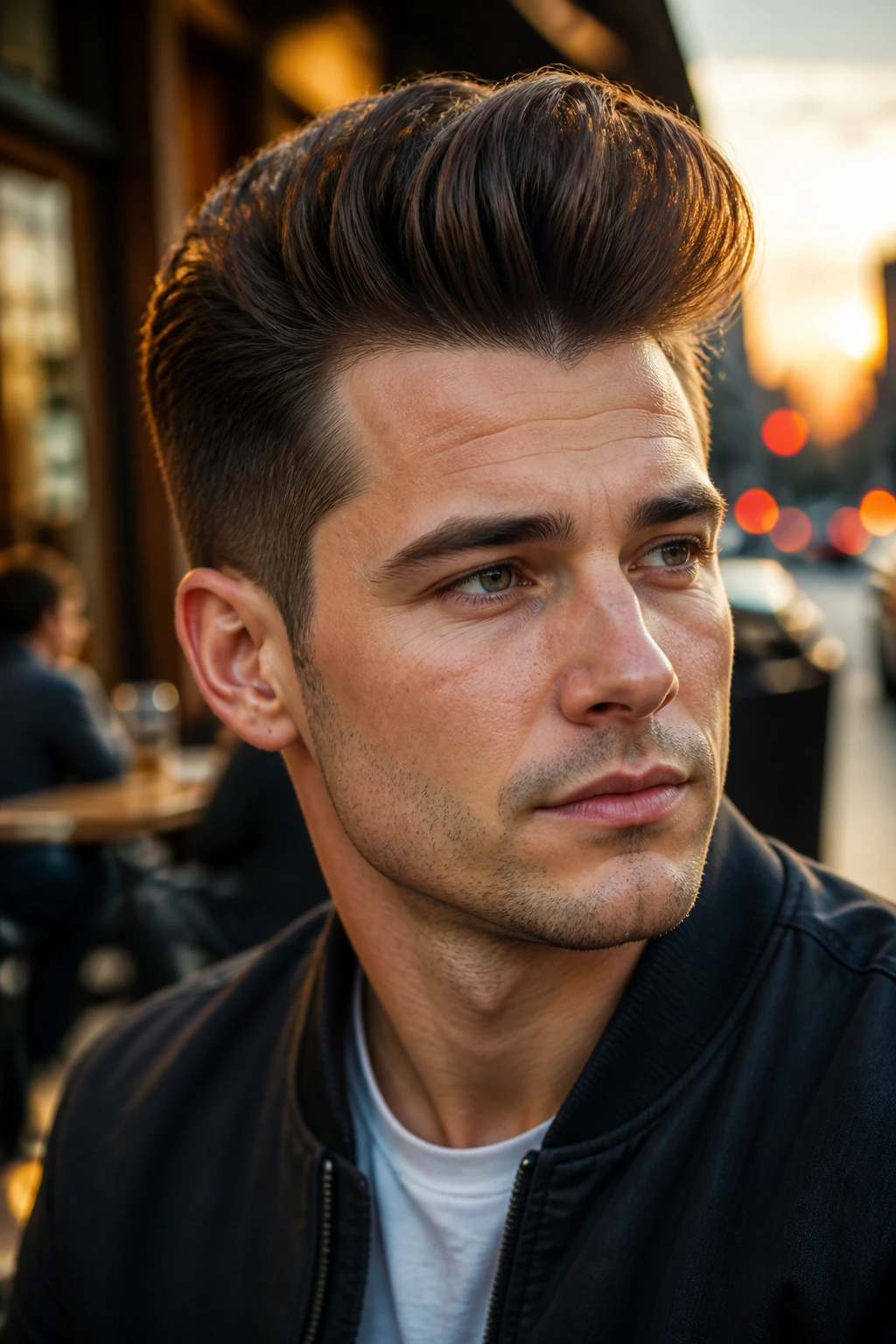 Close-up portrait of a man with a modern pompadour in a cafe setting