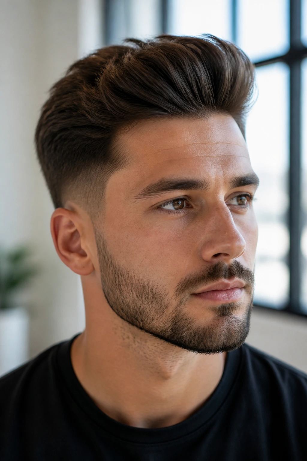 Close-up portrait of a man with a modern quiff and lifted front