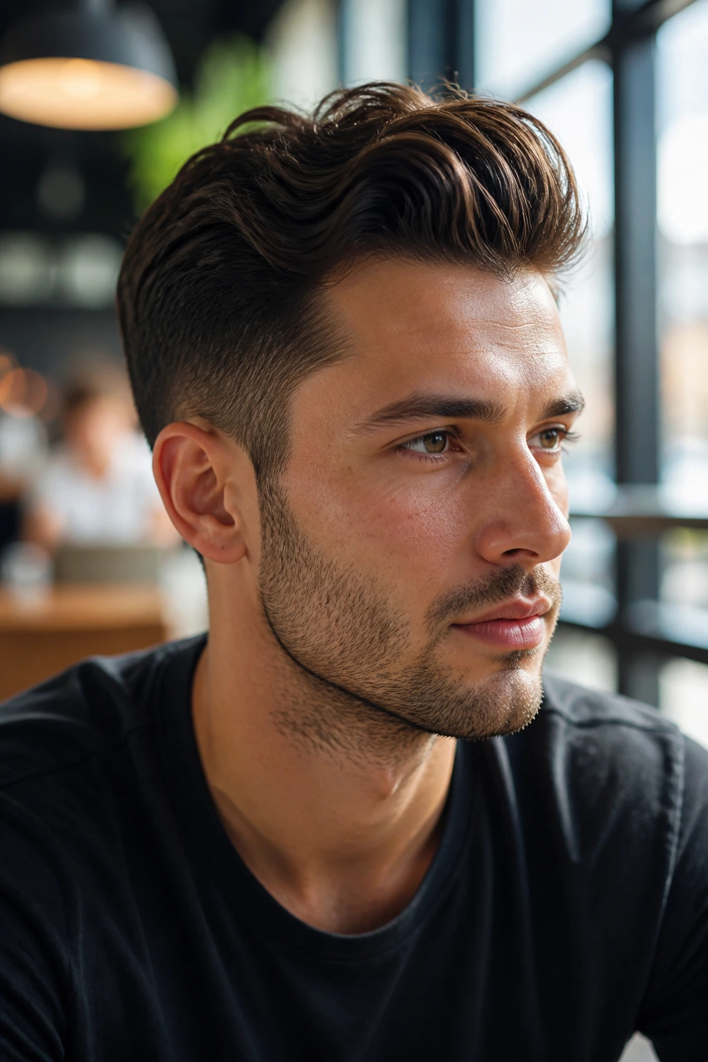 Portrait of man with modern quiff showing natural bend in daylight.