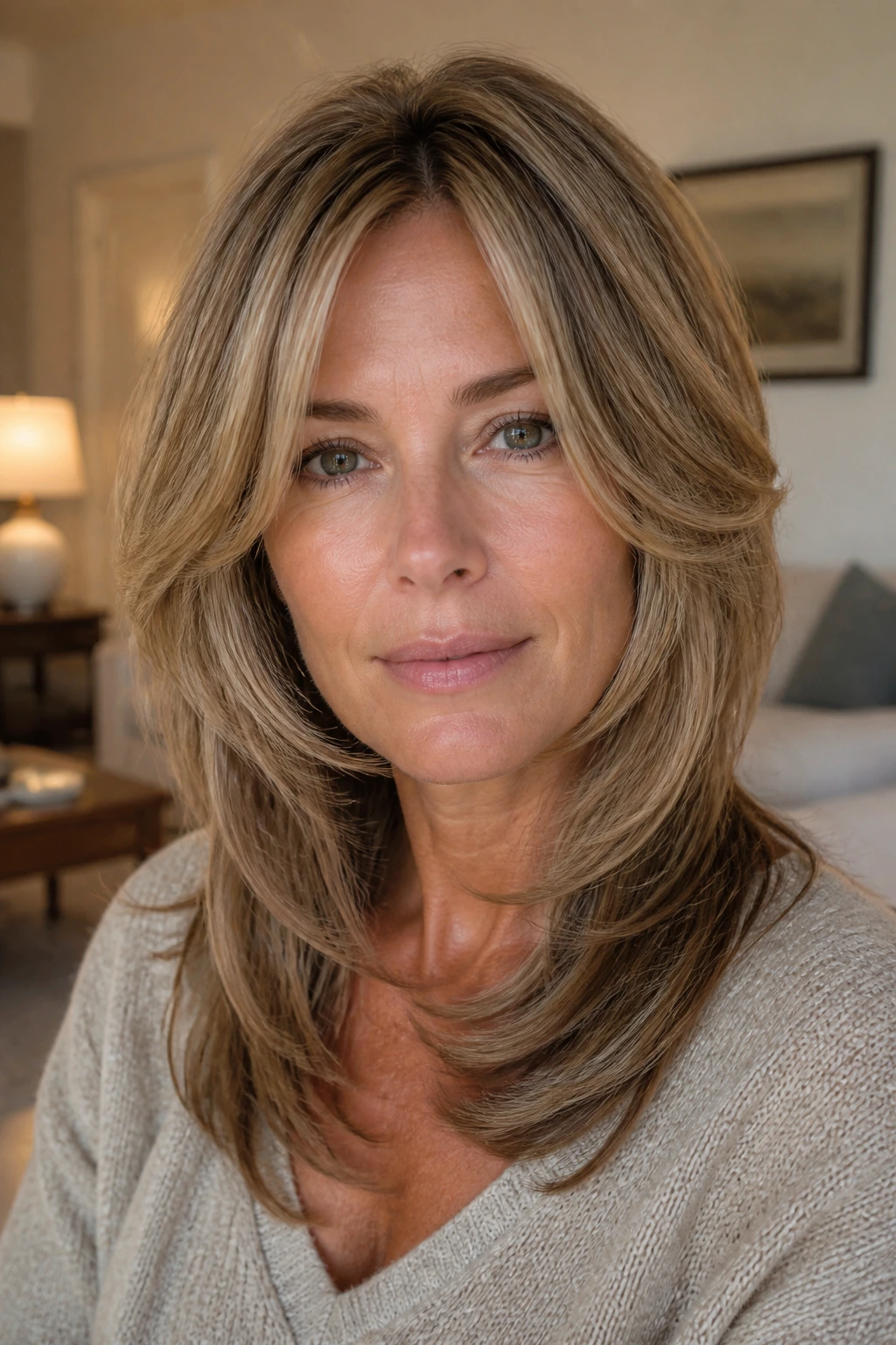 Portrait of a real woman with softened face-framing Rachel-like layers and blended length.