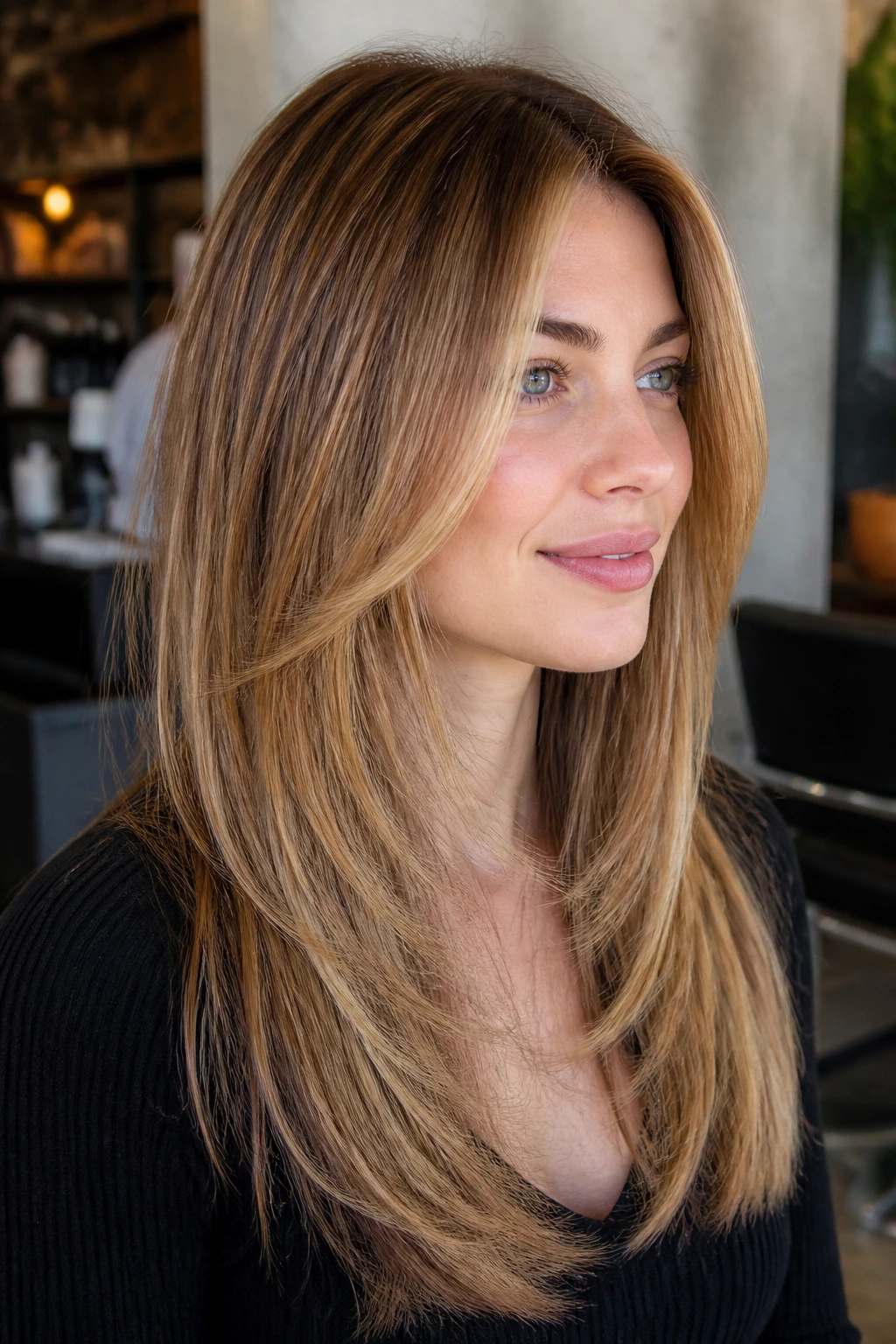 Close-up of a real person with modern Rachel cut on straight hair