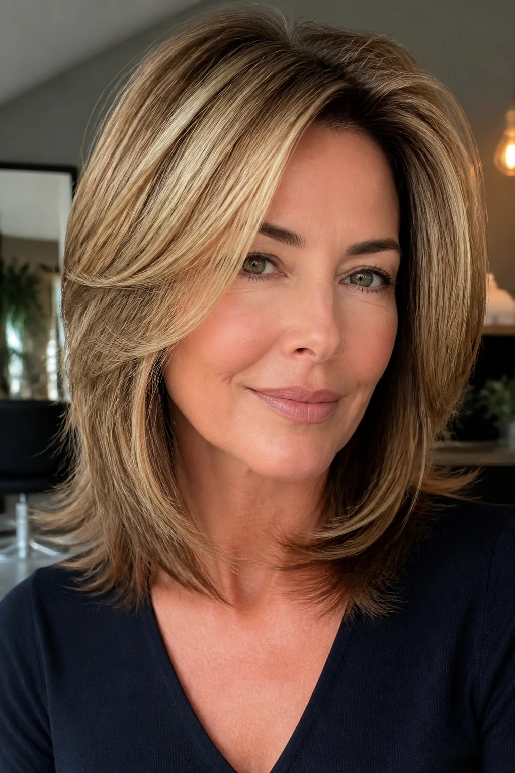 Close-up portrait of a real woman with a modern Rachel cut