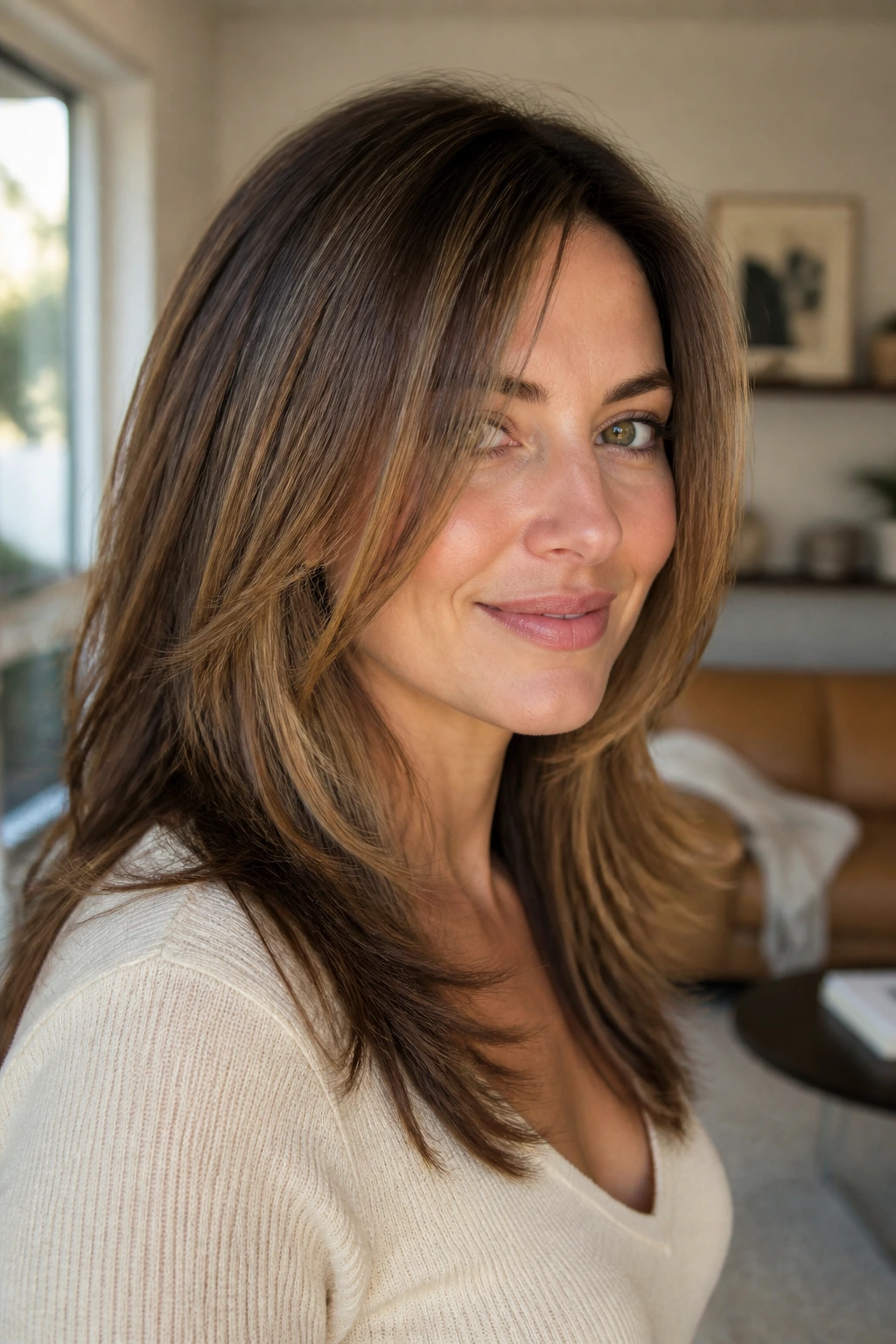 Close-up of a real woman's modern Rachel cut with lower layers and airy face-framing pieces