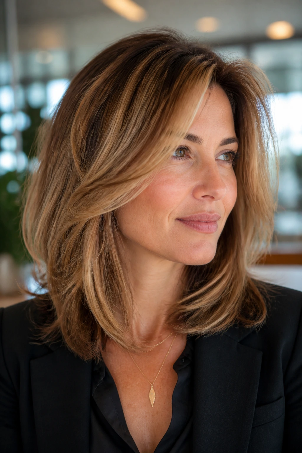 Portrait of a real person with Modern Rachel Layers featuring face-framing movement.