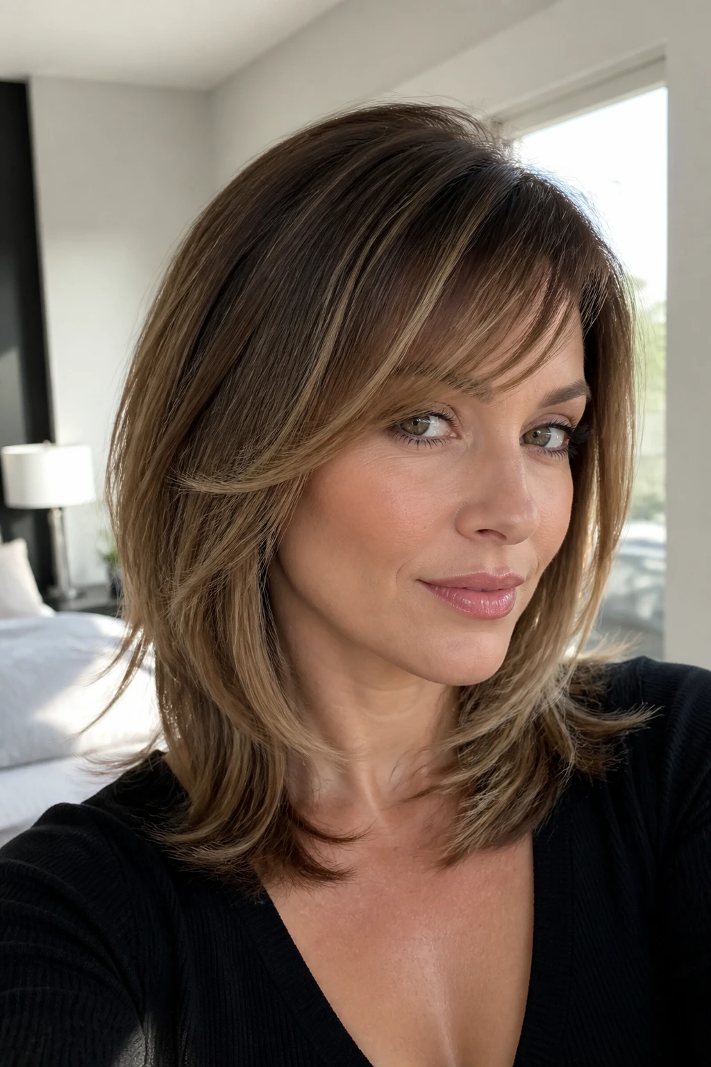 Close-up portrait of a real person with modern Rachel cut and side-swept fringe