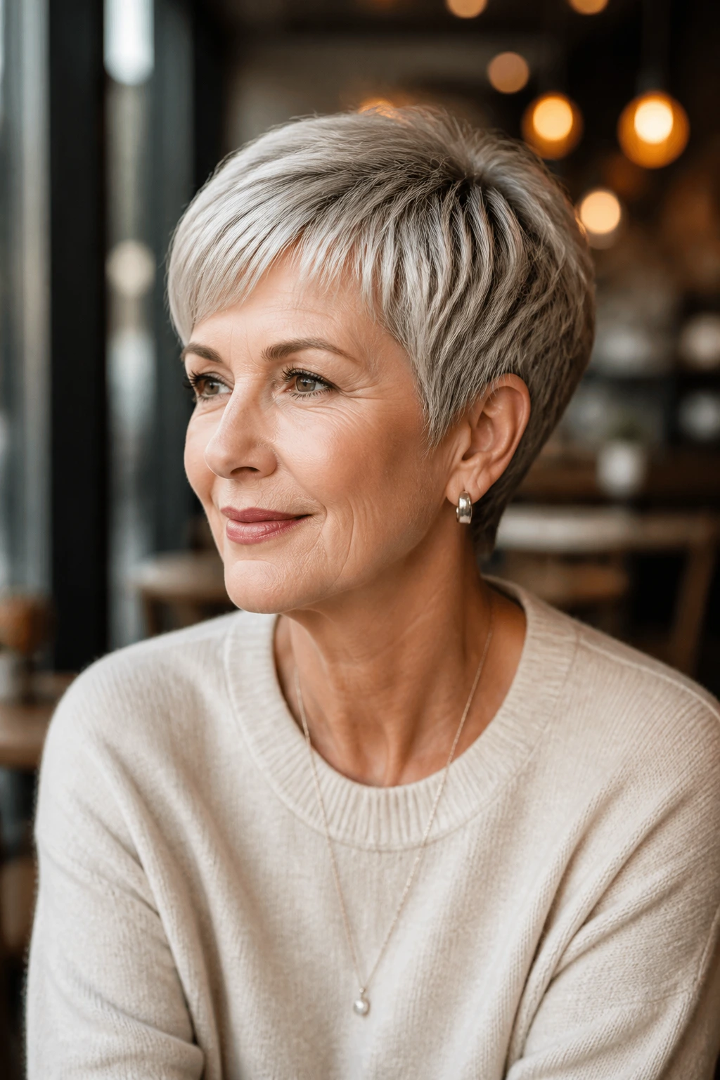 Senior woman with modern rounded crop hairstyle in cafe setting