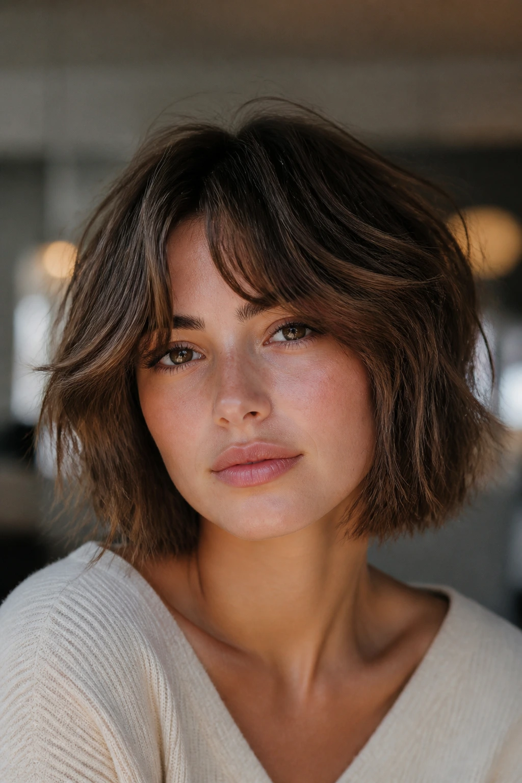 Portrait of a real person with a modern shag bob
