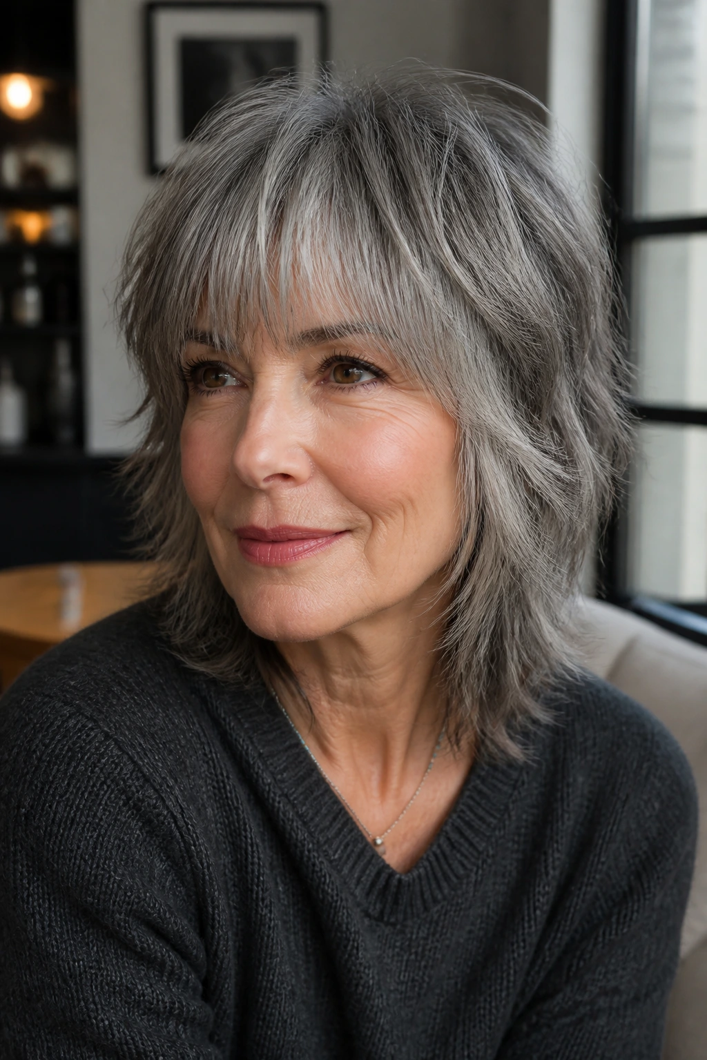 Close-up portrait of a real woman with brow-grazing fringe shag