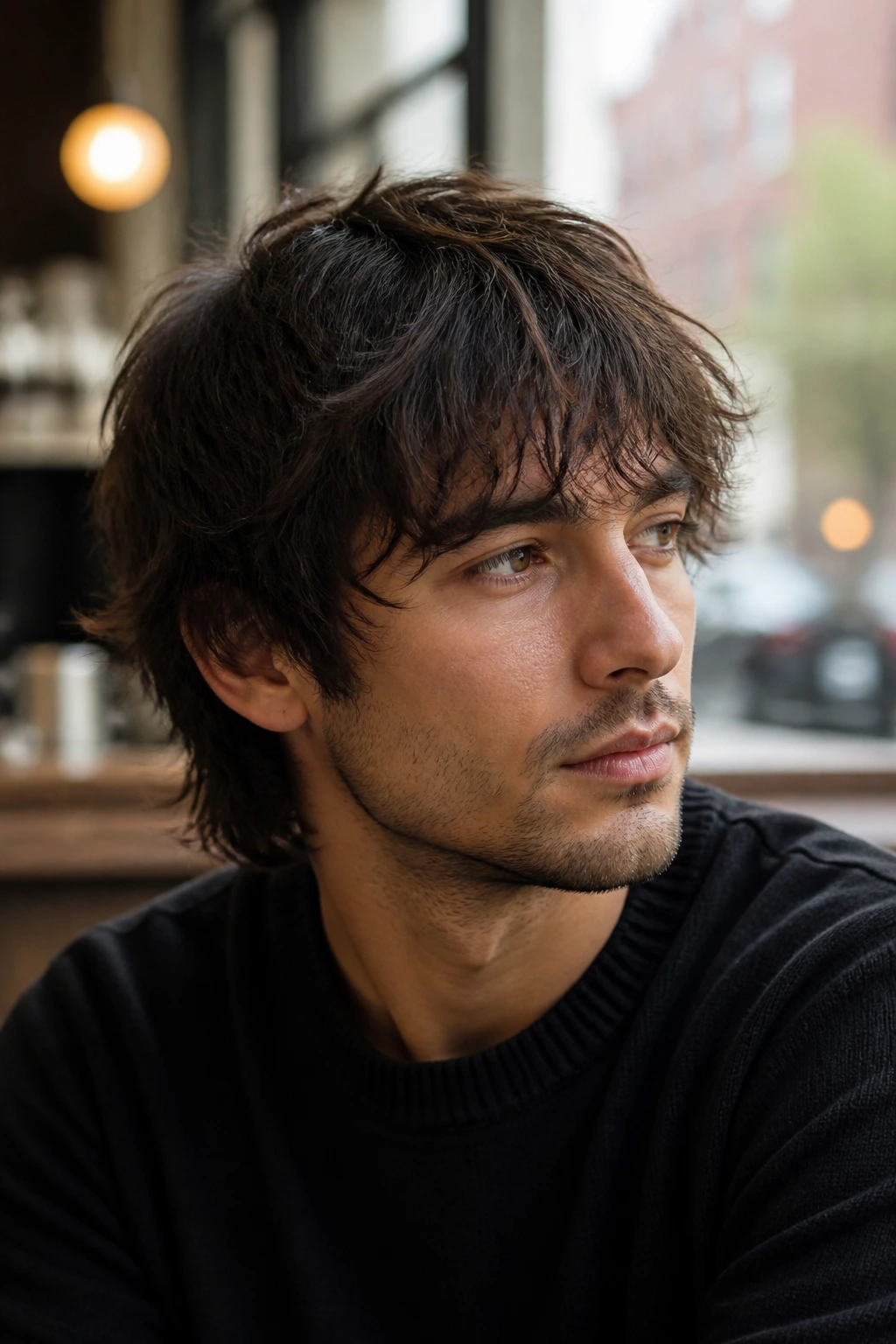 Close up of a man with a modern shag hairstyle in cafe light
