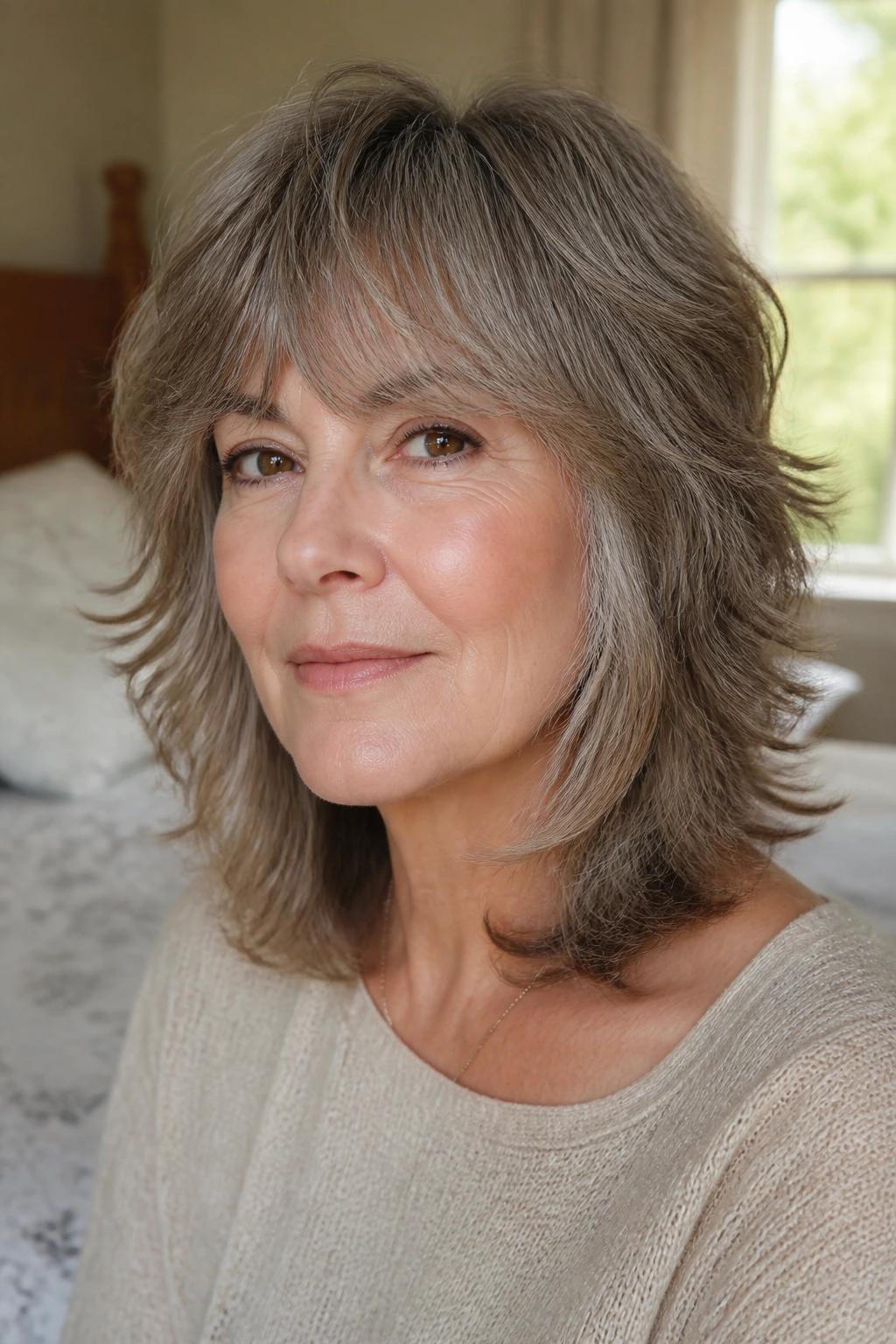 Close-up of a woman with a modern shag with gentle face-framing layers in natural light