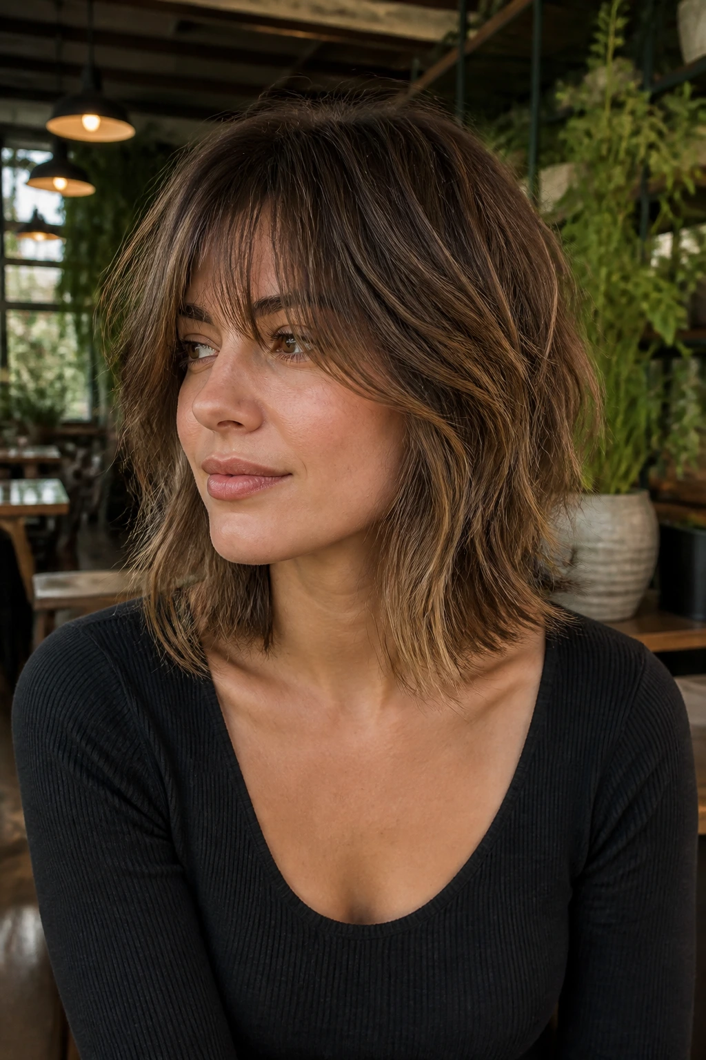 Close-up of a real woman with a modern shag lob showing layered crown in cafe lighting