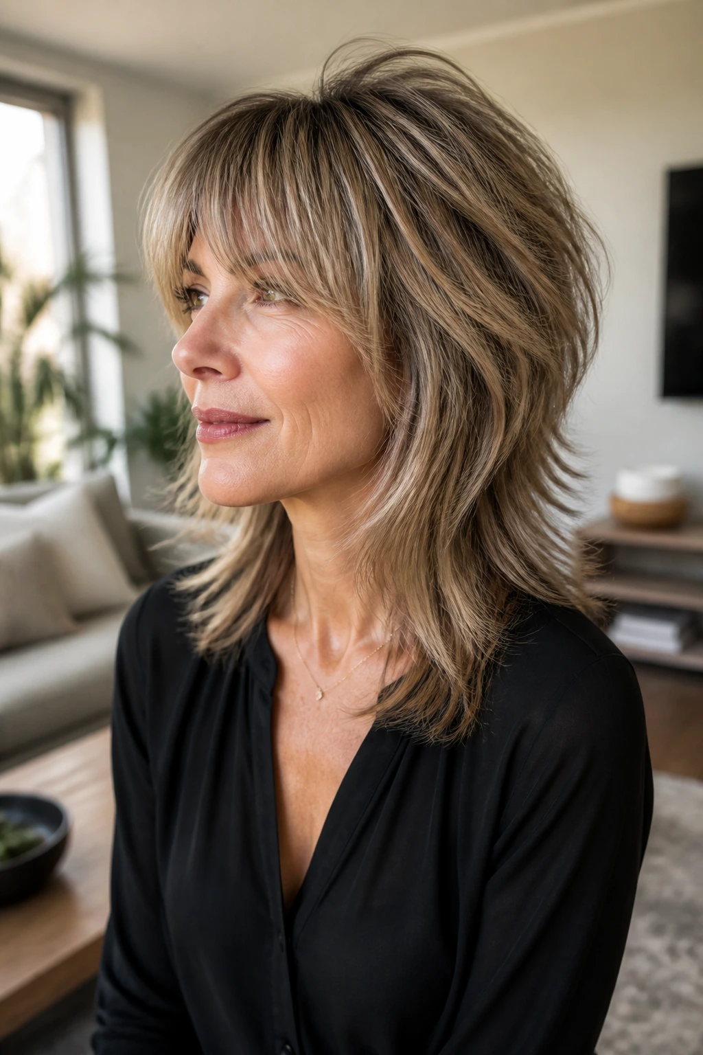 Portrait of a woman with a modern shag featuring a longer back