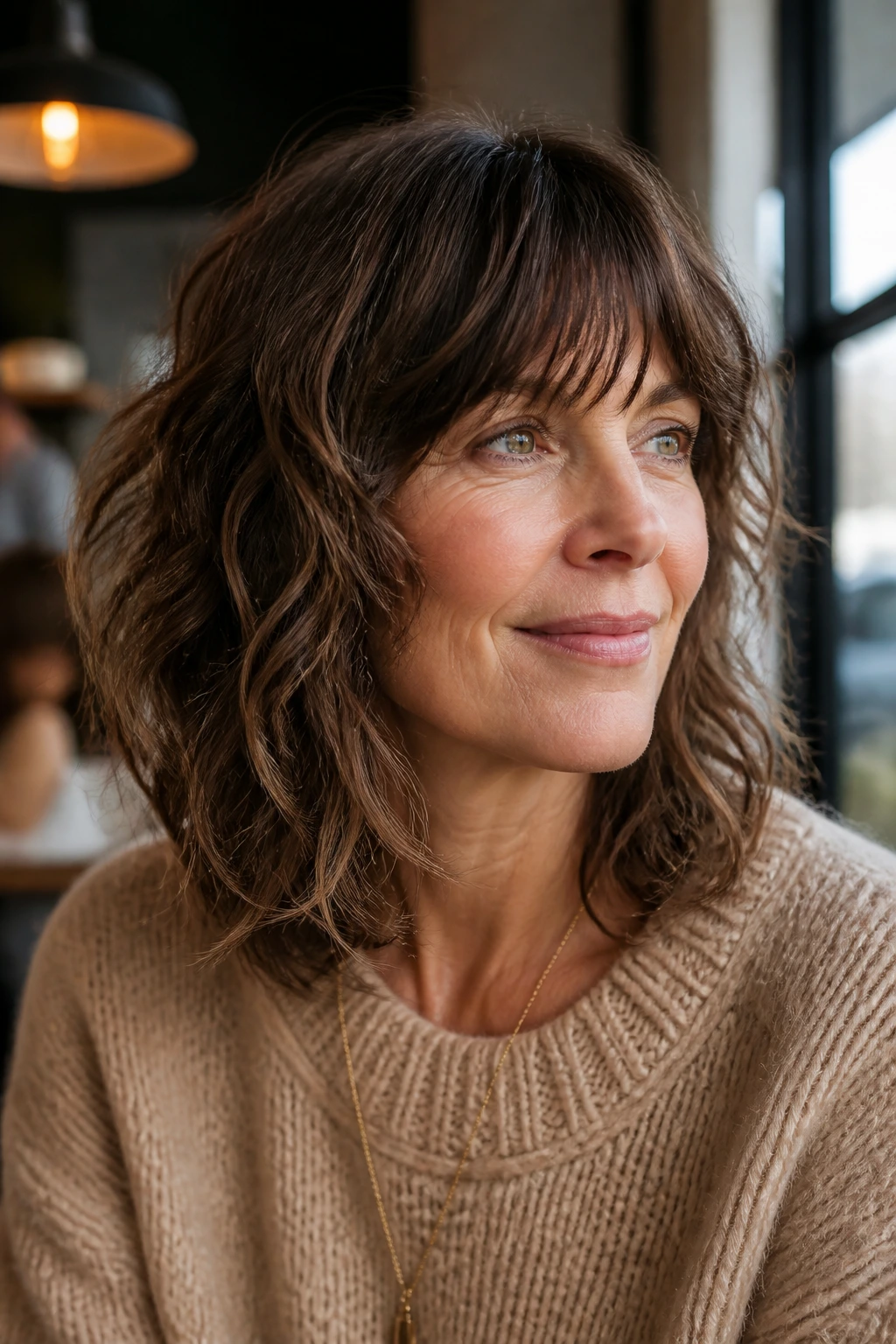 Close-up portrait of a real woman with Modern Shag With Soft Fringe showing soft fringe and layered shag
