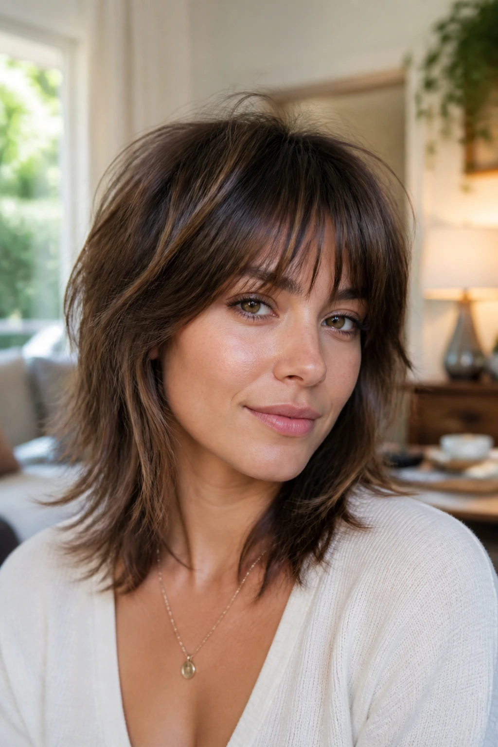Close-up of a real woman with a modern shag and soft fringe, textured crown