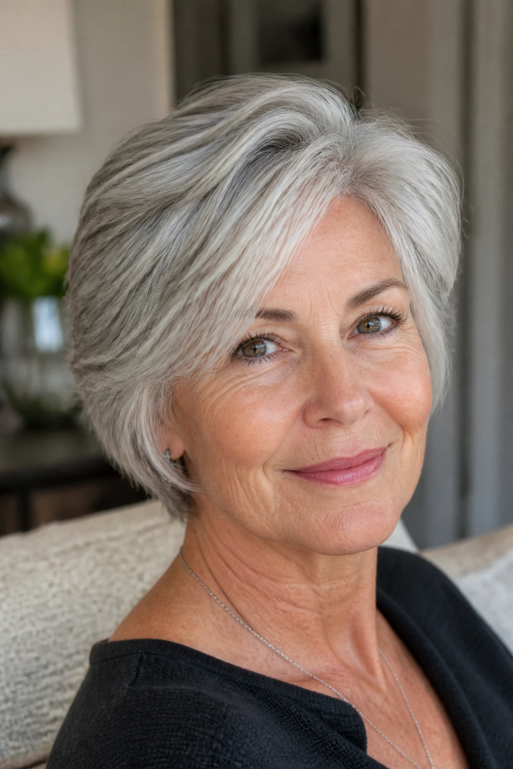 Portrait of a mature woman with a modern haircut that looks healthier