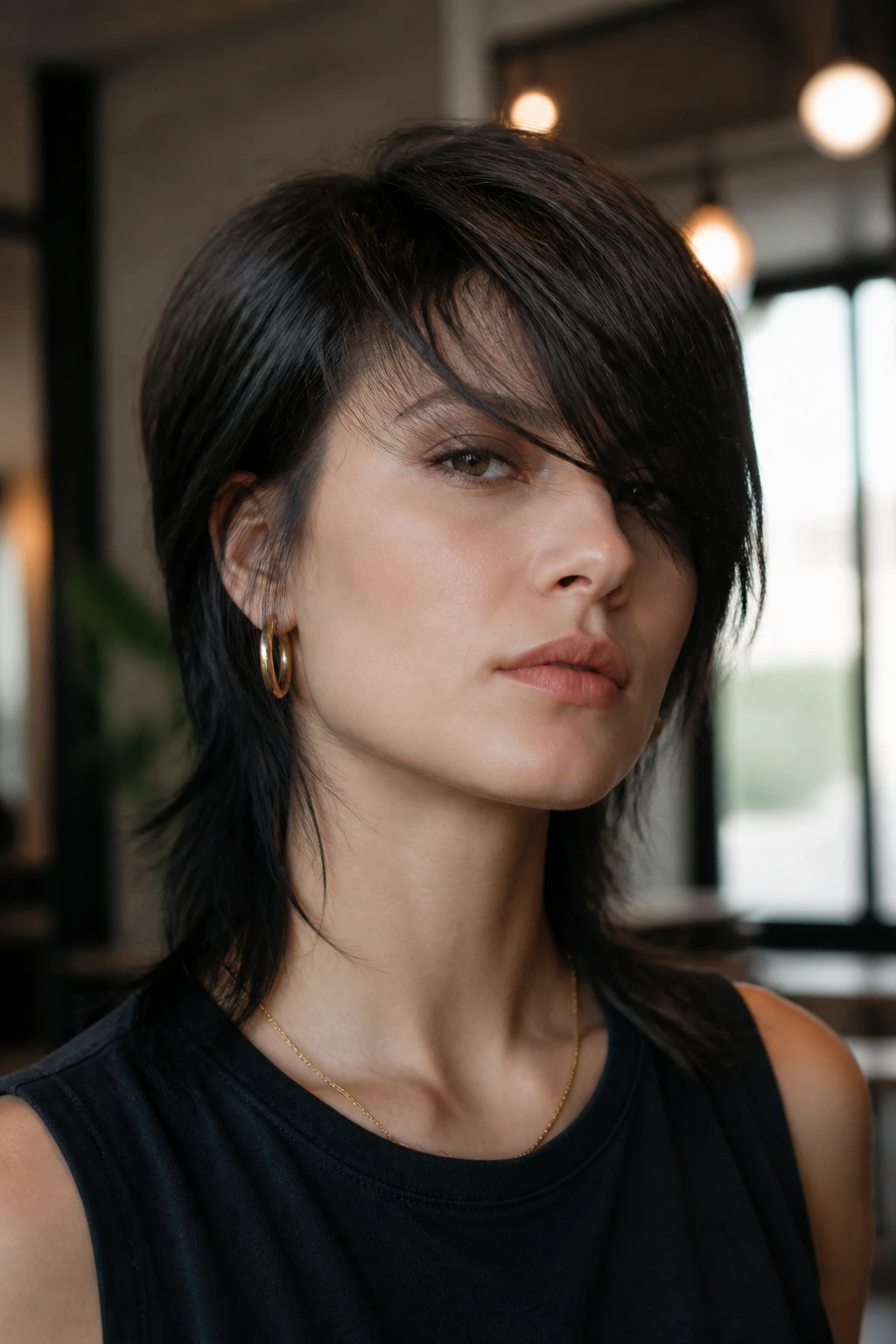 Close-up portrait of a real woman with modern shullet and long side sweep