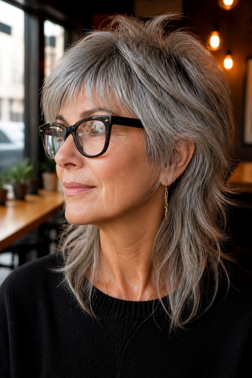 Close-up of a real woman with a modern soft mullet gray hair and glasses.