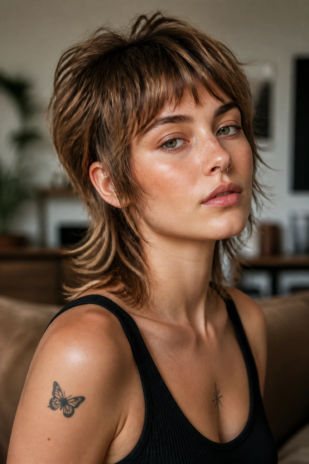 Woman with a soft, modern mullet showing refined crown and lighter layers.