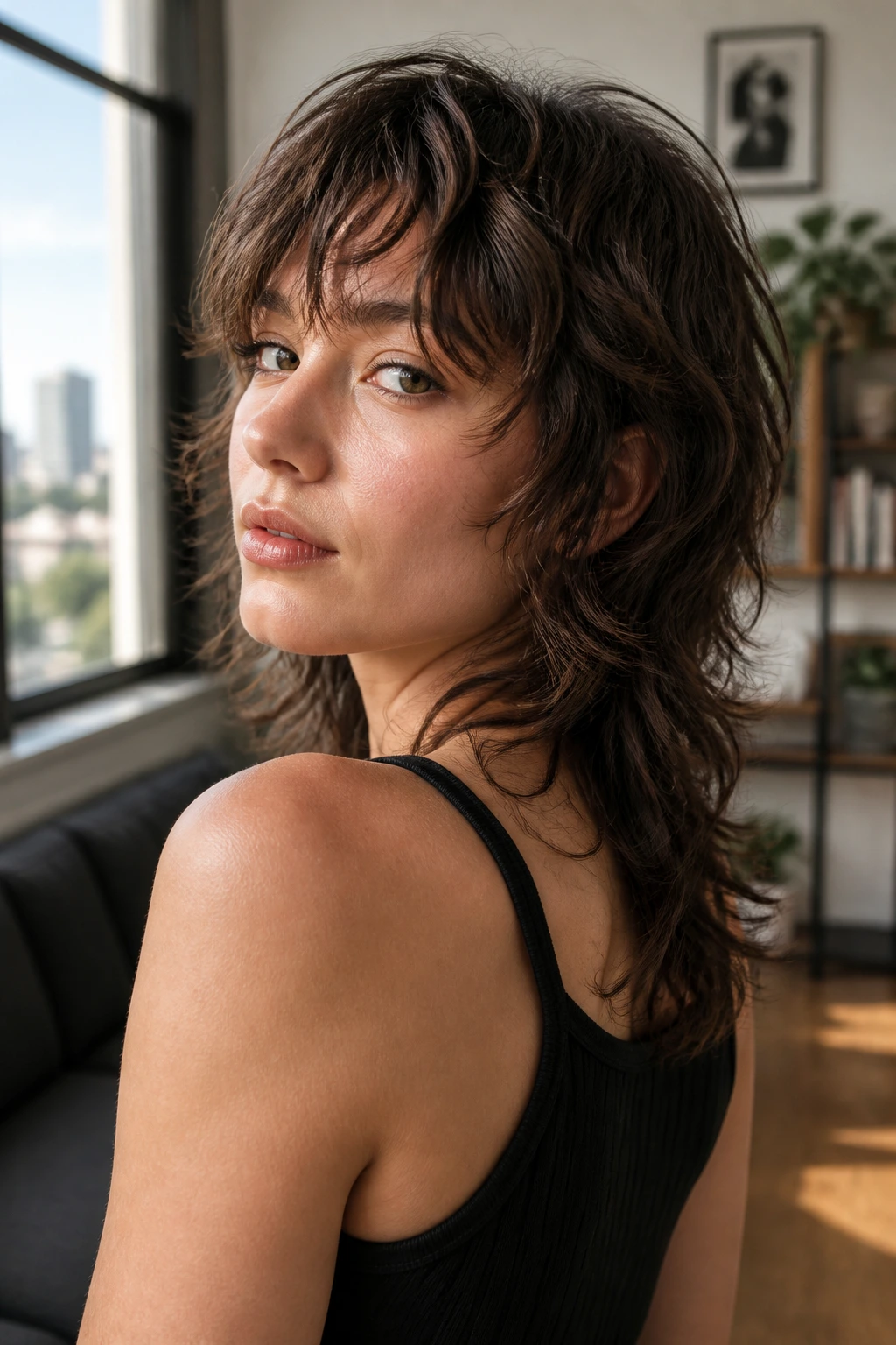 Close-up of a real person with modern soft mullet shag in an urban apartment