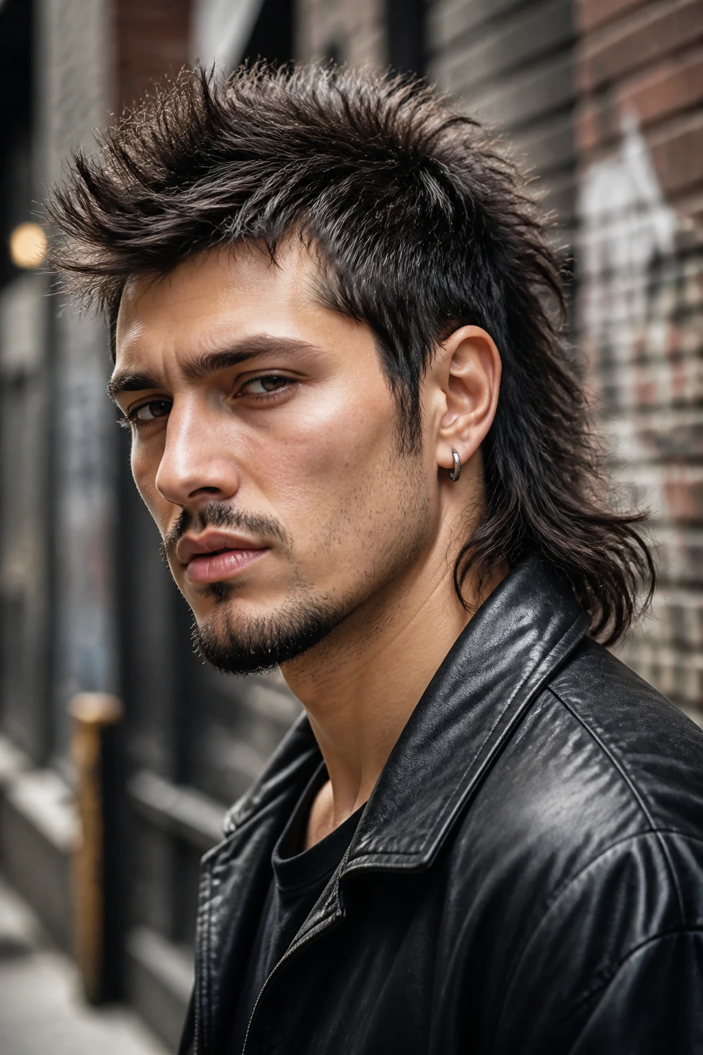 Close-up portrait of a real man with modern spiky mullet hairstyle on a city street