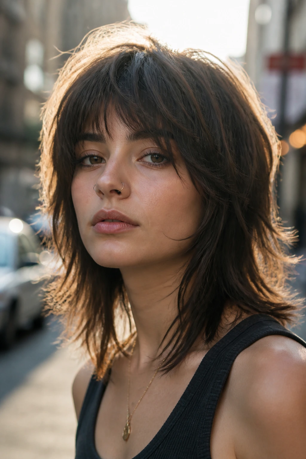 Close-up real-woman portrait with modern wolf cut in urban golden hour light