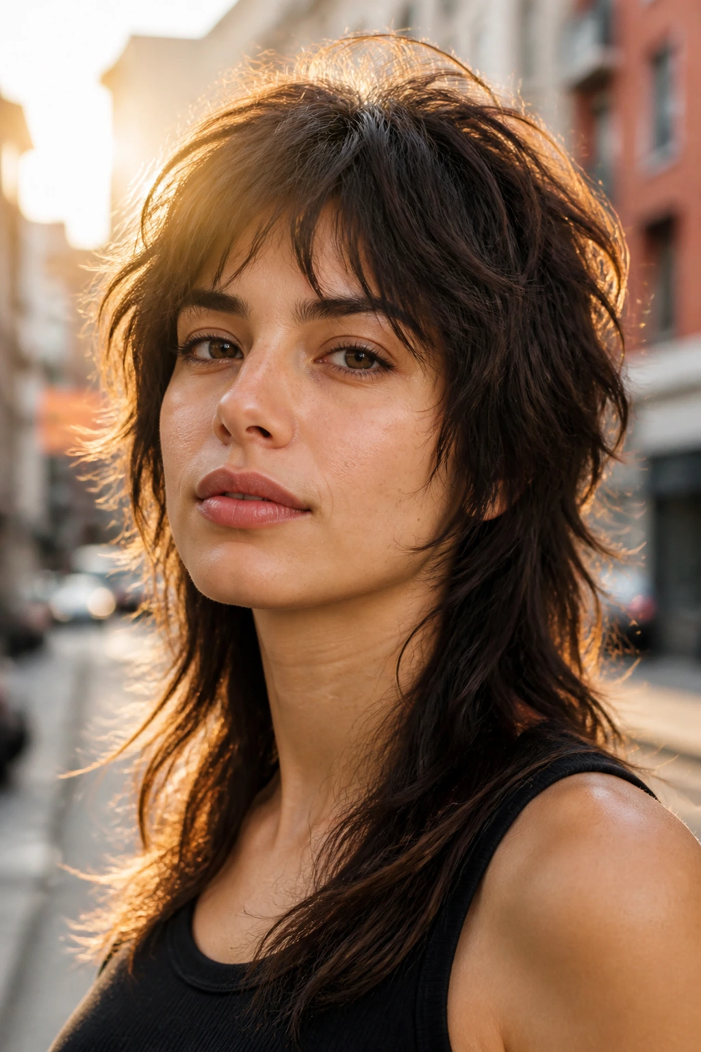 Close-up of woman with modern wolf cut in outdoor golden-hour light