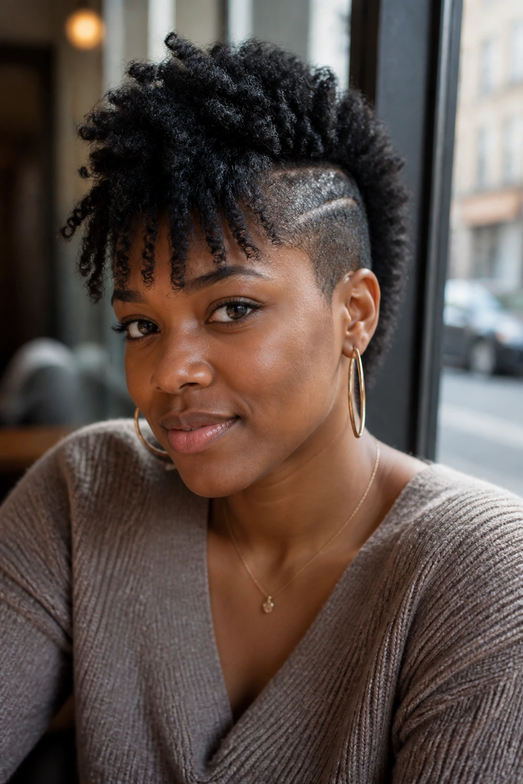 Close-up of a real person with a mohawk and front bangs.